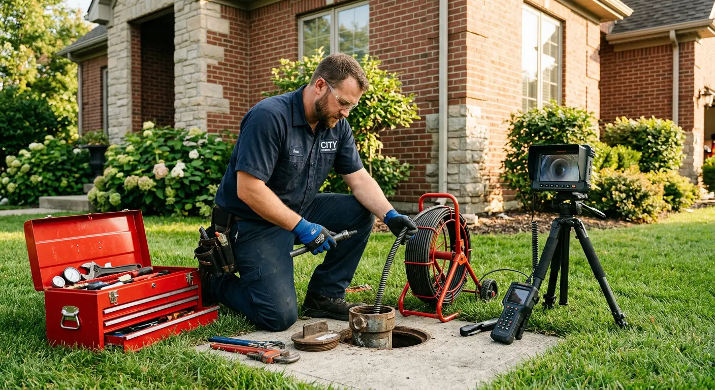 Sewer specialist with camera equipment servicing a cleanout in Monroe